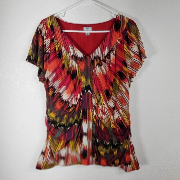 Worthington Womans Top 1X  Multicolor Pleated V-Neck Draping Short Sleeve Shirt - Picture 6 of 7